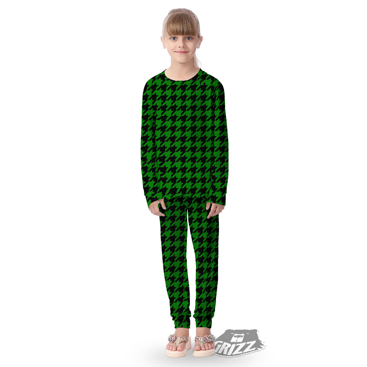 Black Green Jungle Houndstooth Print Kid's Pajamas-grizzshop