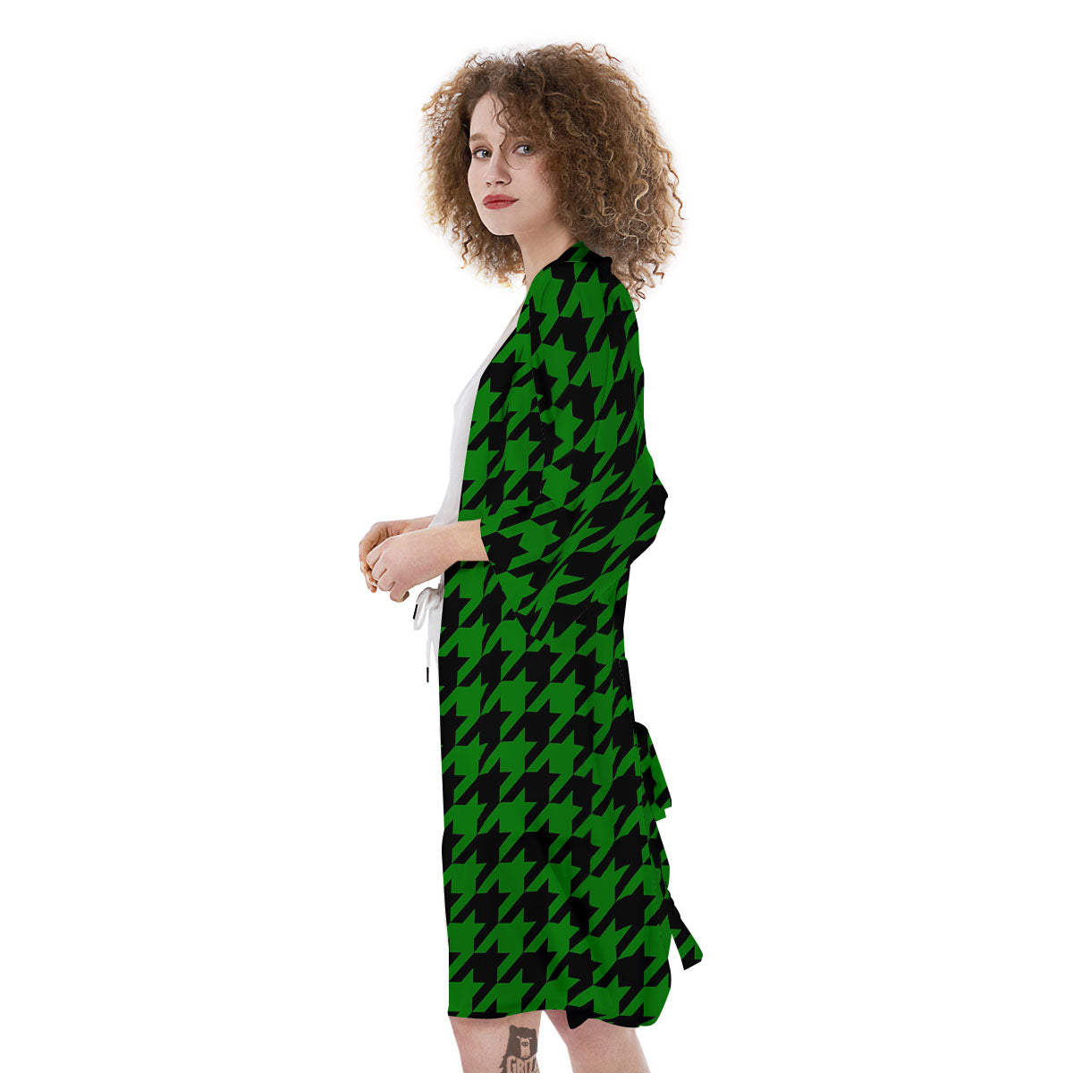 Black Green Jungle Houndstooth Print Kimono-grizzshop
