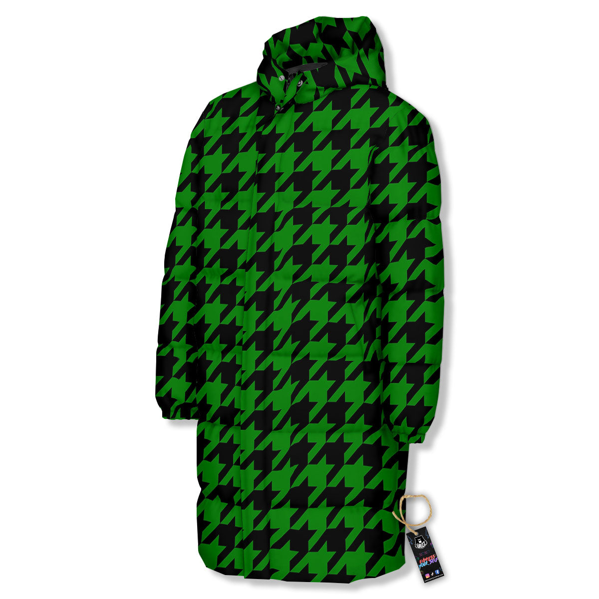 Black Green Jungle Houndstooth Print Long Down Jacket-grizzshop