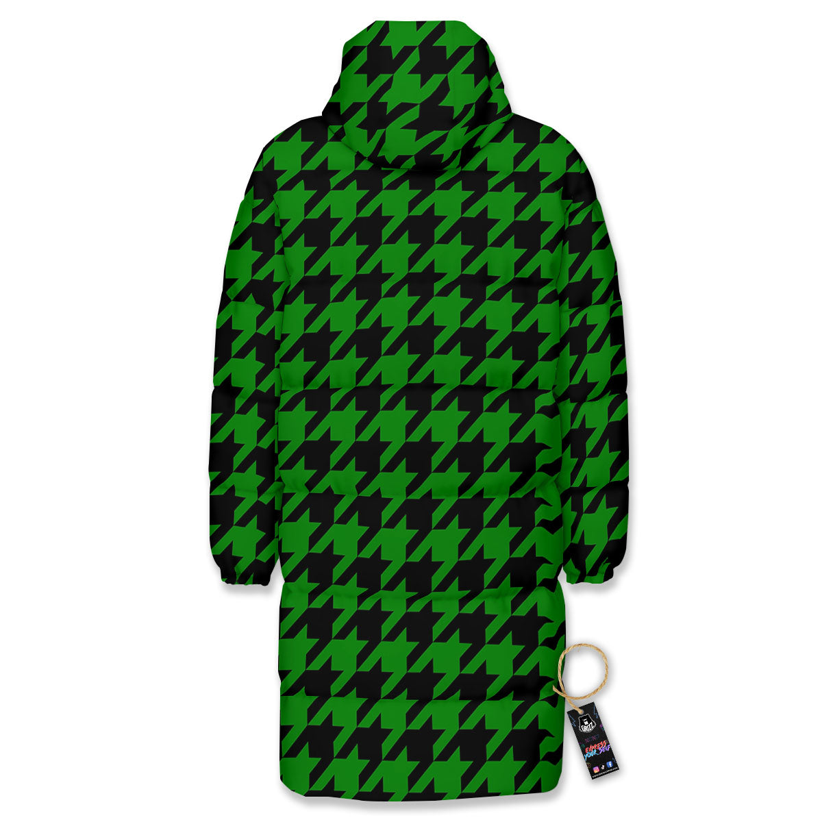 Black Green Jungle Houndstooth Print Long Down Jacket-grizzshop
