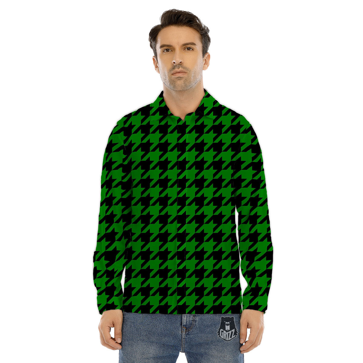 Black Green Jungle Houndstooth Print Men's Dress Shirts-grizzshop