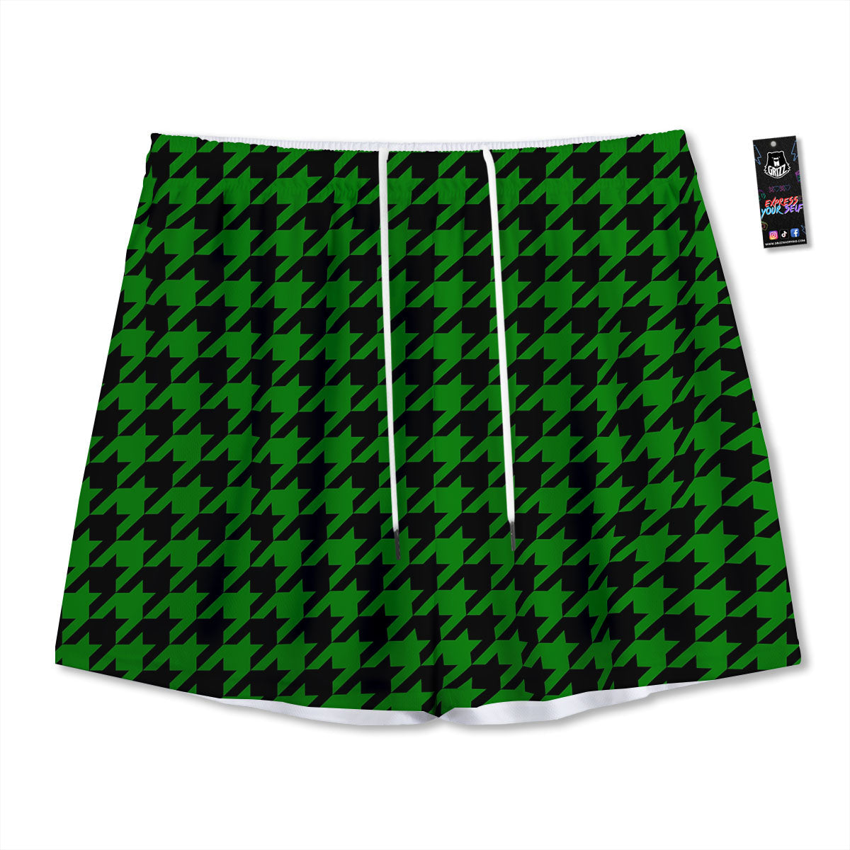 Black Green Jungle Houndstooth Print Mesh Shorts