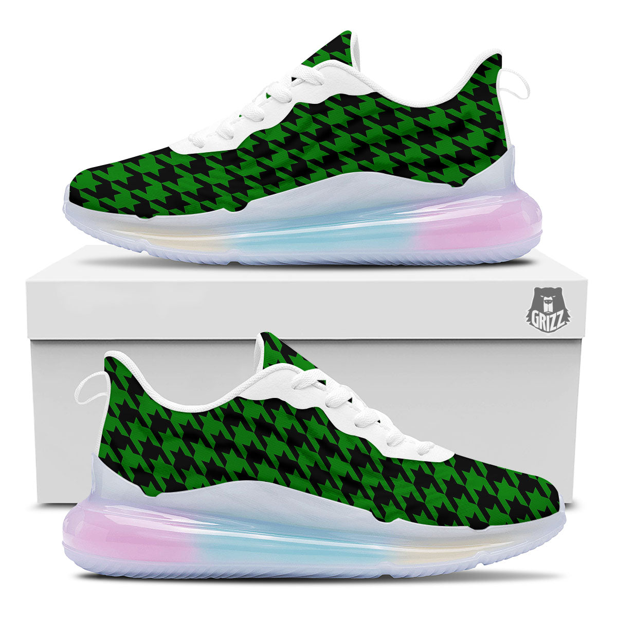 Black Green Jungle Houndstooth Print Running Sneakers-grizzshop