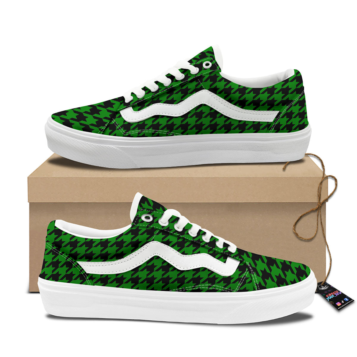 Black Green Jungle Houndstooth Print Skate Shoes-grizzshop