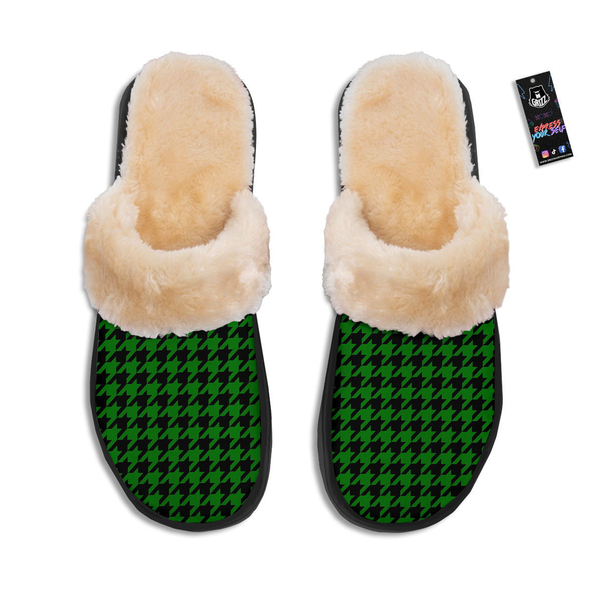 Black Green Jungle Houndstooth Print Slippers-grizzshop