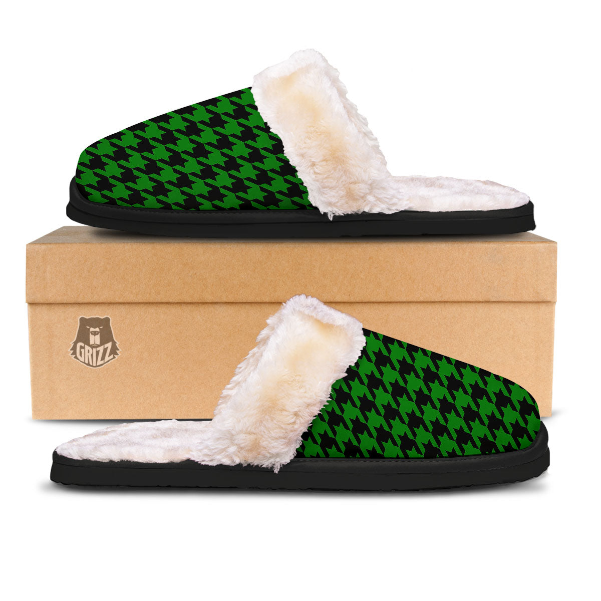 Black Green Jungle Houndstooth Print Slippers-grizzshop