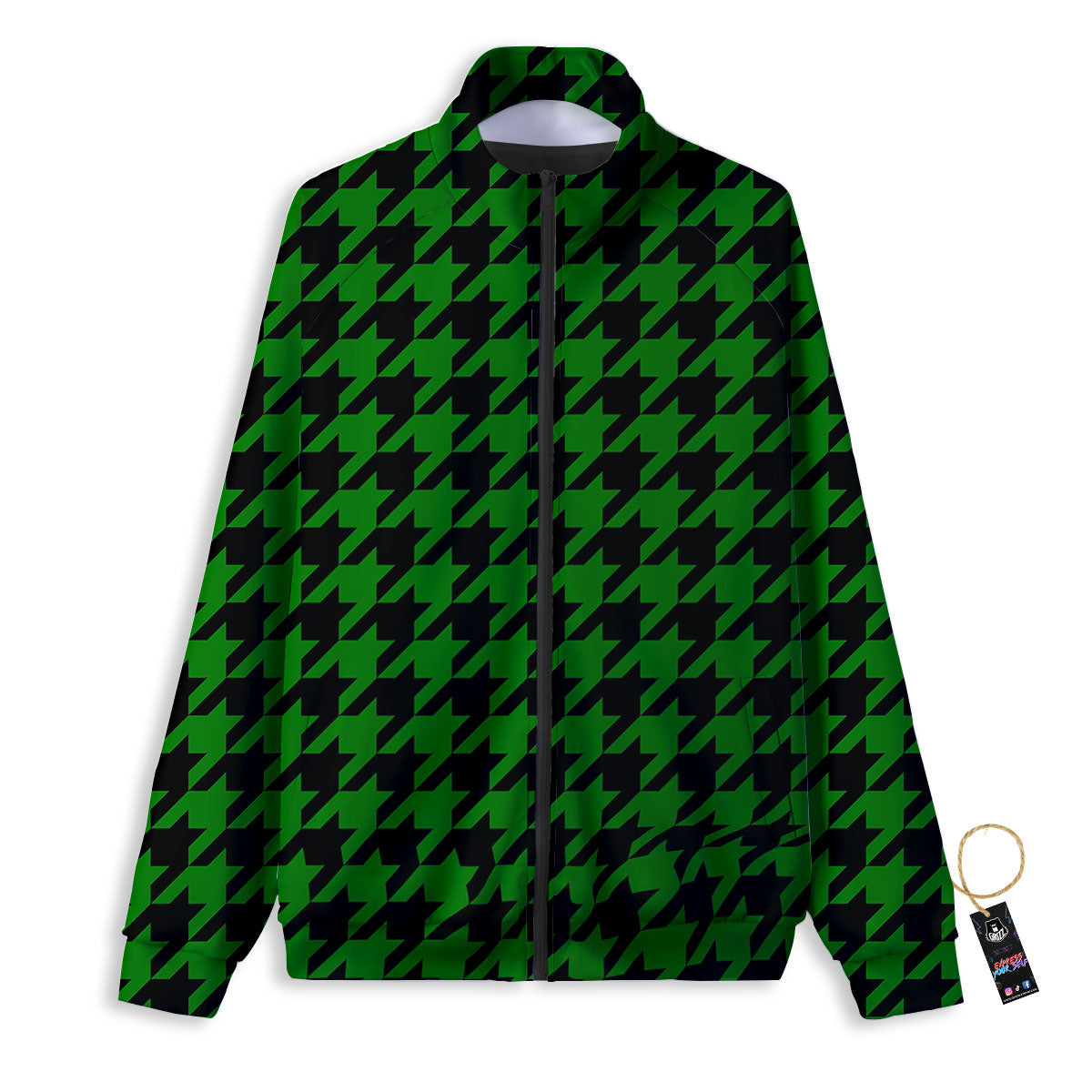 Black Green Jungle Houndstooth Print Track Jacket-grizzshop