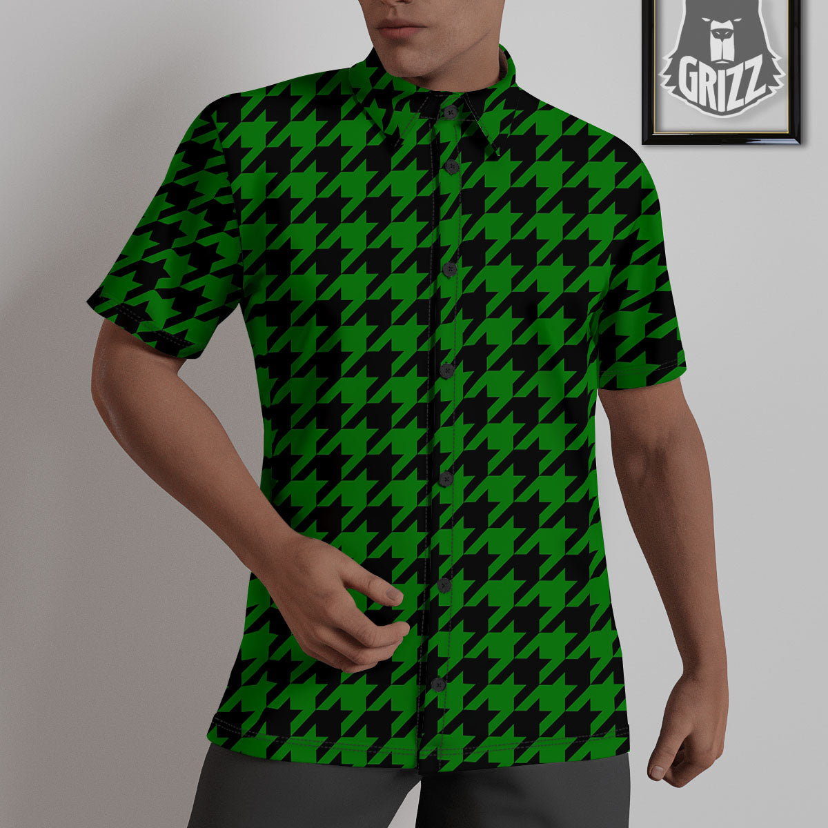 Black Green Jungle Houndstooth Print Untucked Shirts-grizzshop