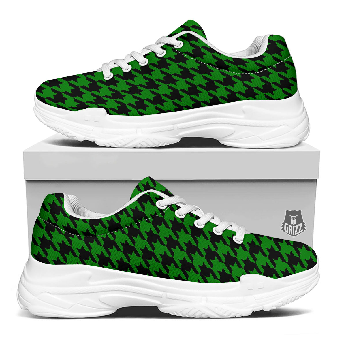 Black Green Jungle Houndstooth Print White Chunky Shoes-grizzshop