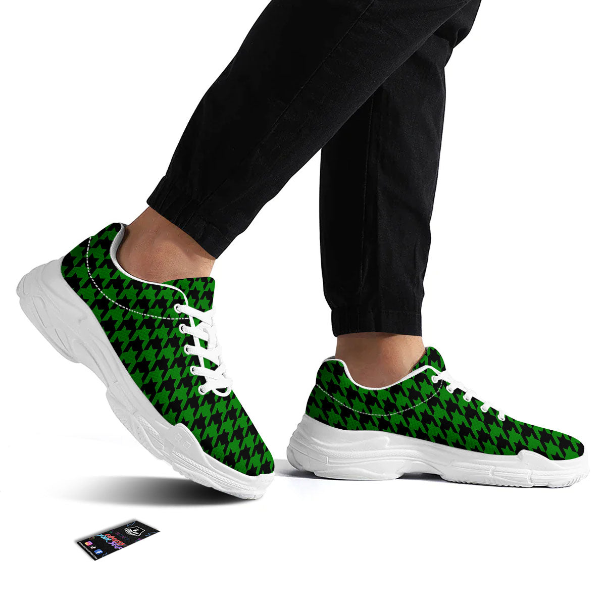 Black Green Jungle Houndstooth Print White Chunky Shoes-grizzshop