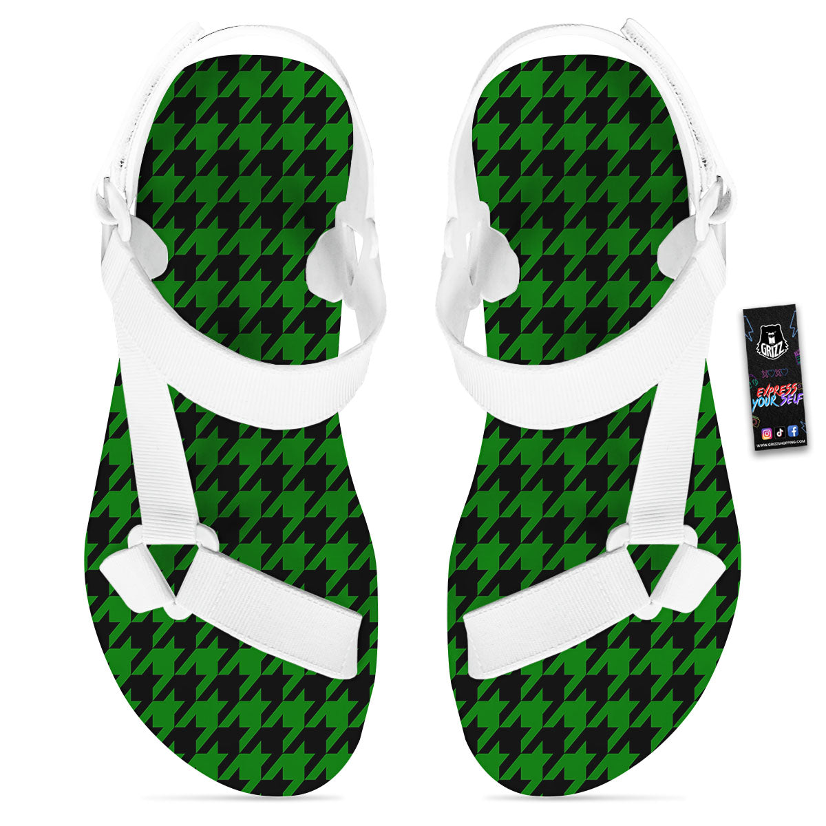 Black Green Jungle Houndstooth Print White Open Toe Sandals-grizzshop