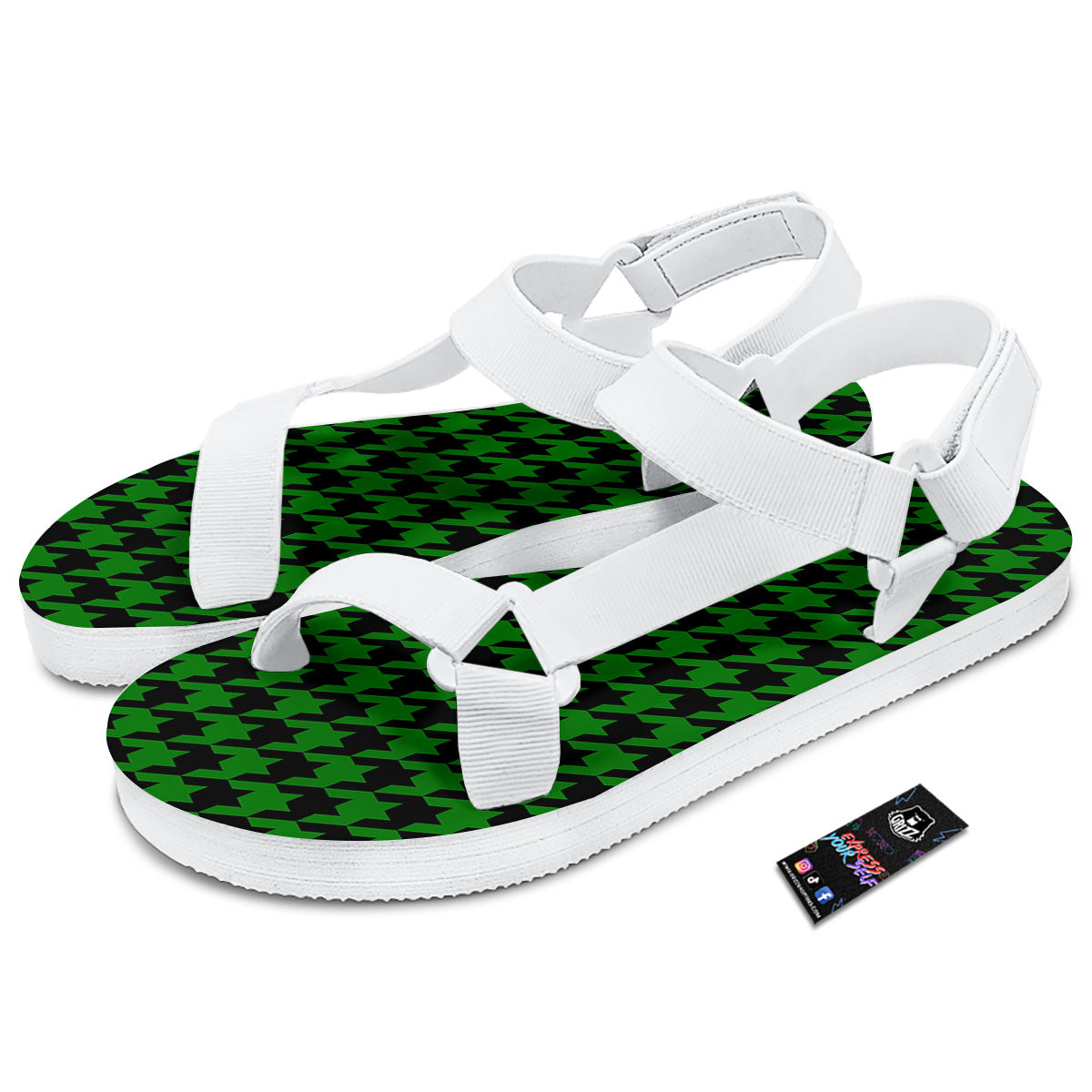 Black Green Jungle Houndstooth Print White Open Toe Sandals-grizzshop