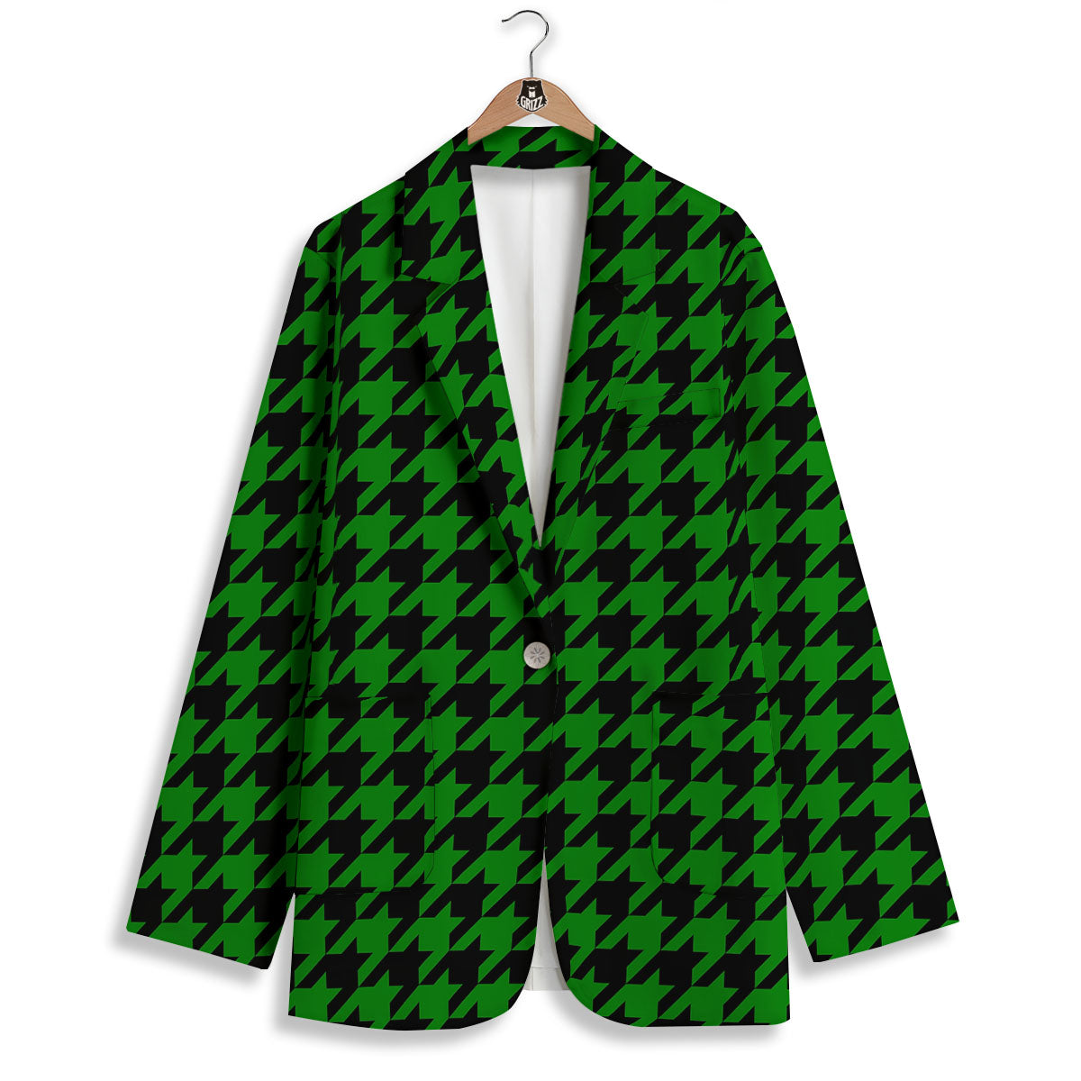 Black Green Jungle Houndstooth Print Women's Blazer-grizzshop