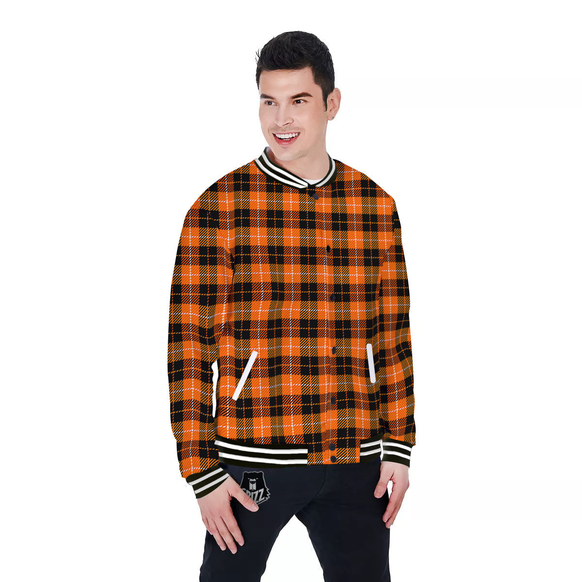 Black Grey Orange And White Plaid Print Baseball Jacket-grizzshop