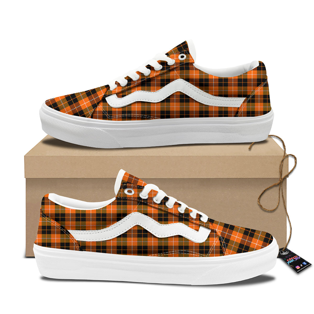 Black Grey Orange And White Plaid Print Skate Shoes-grizzshop