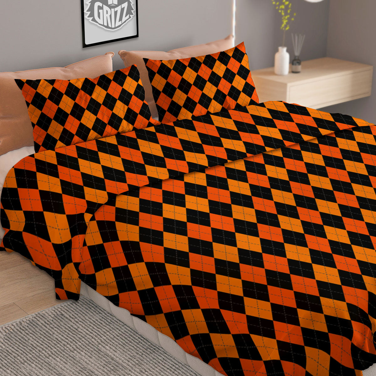 Black Halloween And Orange Argyle Print Duvet Cover Bedding Set