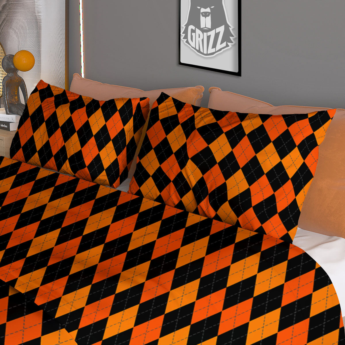 Black Halloween And Orange Argyle Print Duvet Cover Bedding Set
