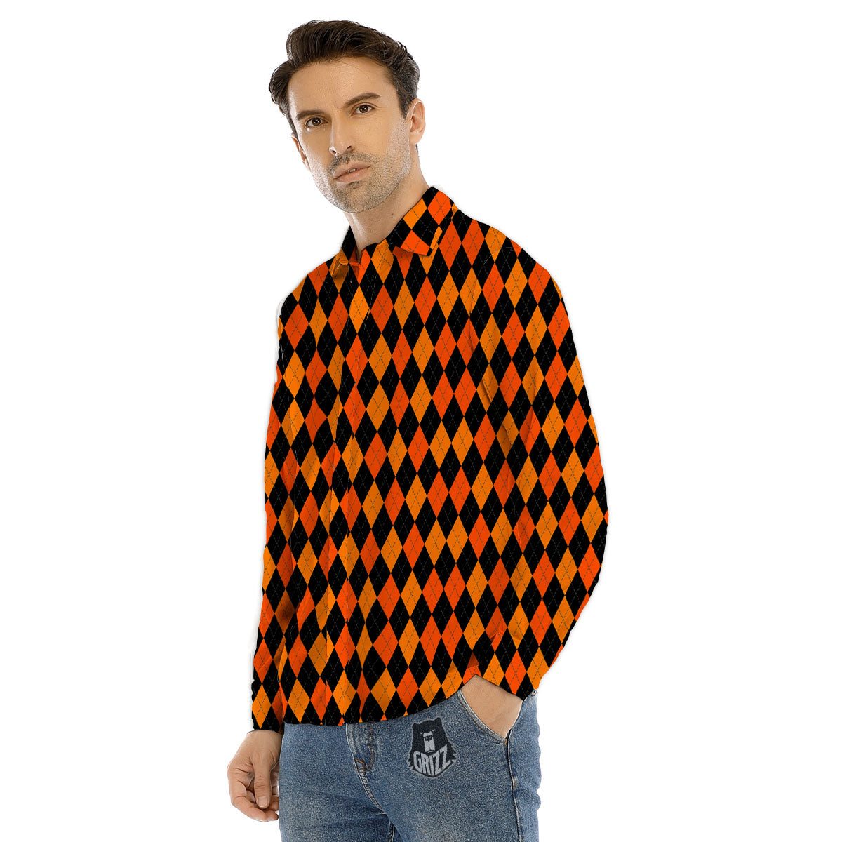 Black Halloween And Orange Argyle Print Men's Dress Shirts-grizzshop