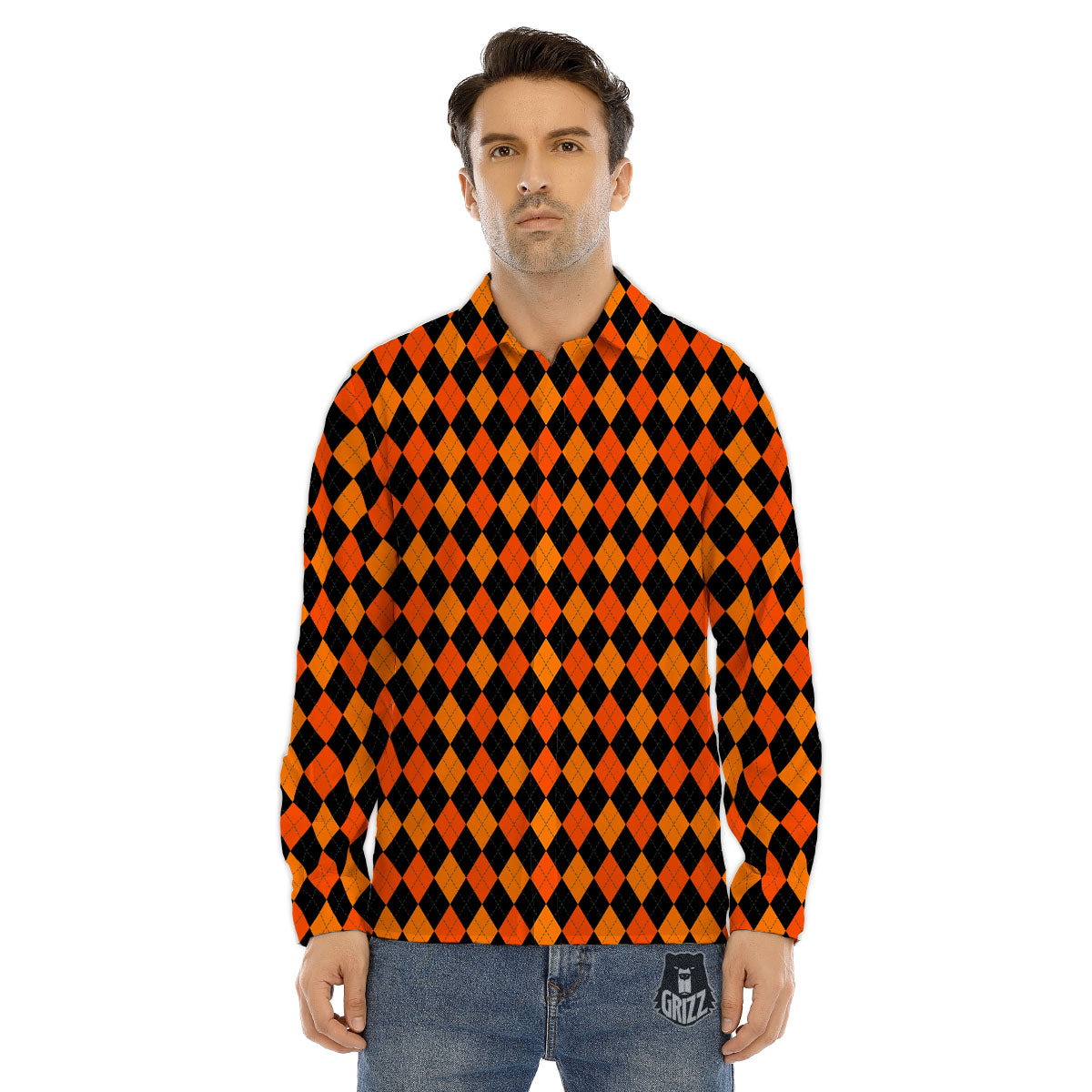 Black Halloween And Orange Argyle Print Men's Dress Shirts-grizzshop