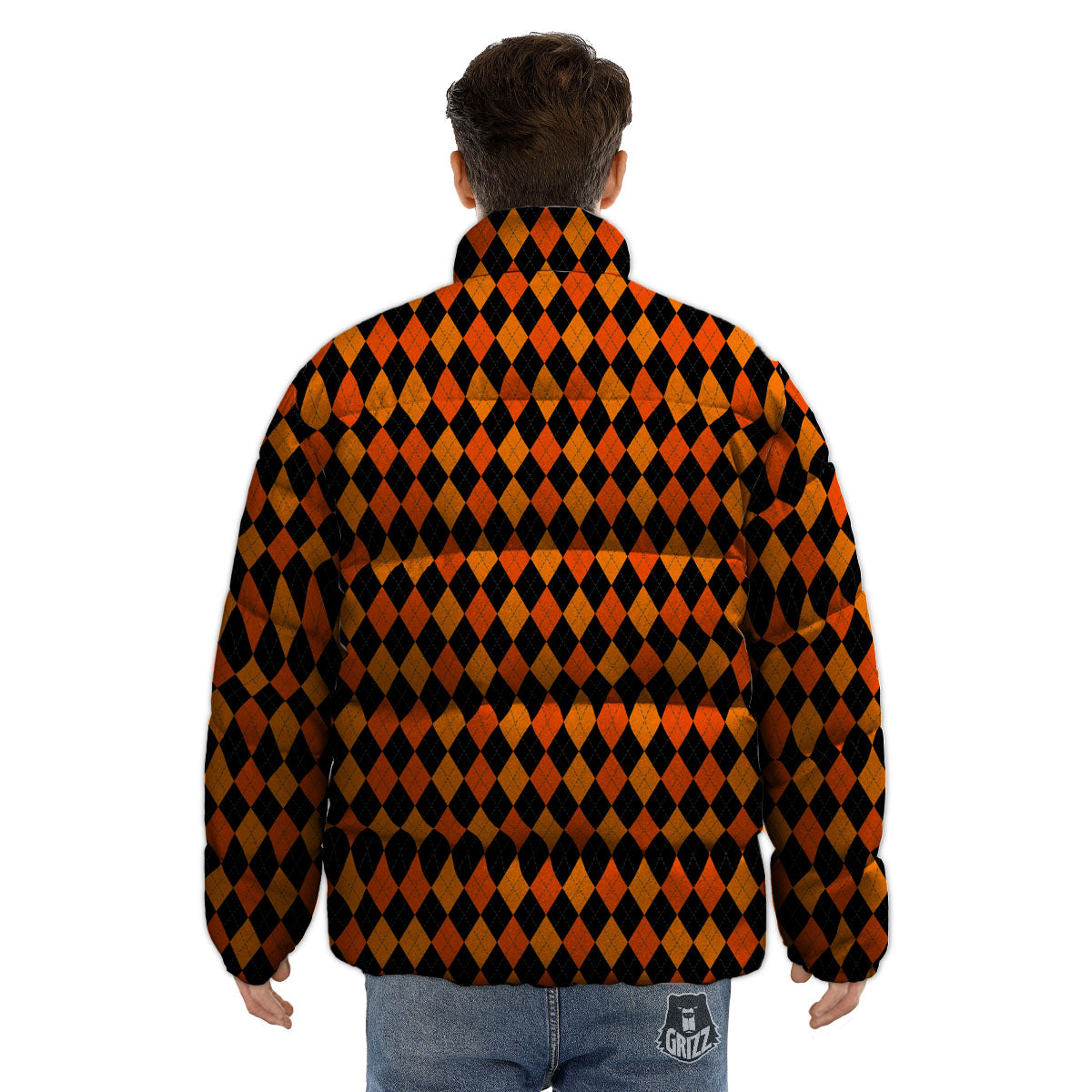 Black Halloween And Orange Argyle Print Puffer Jacket-grizzshop