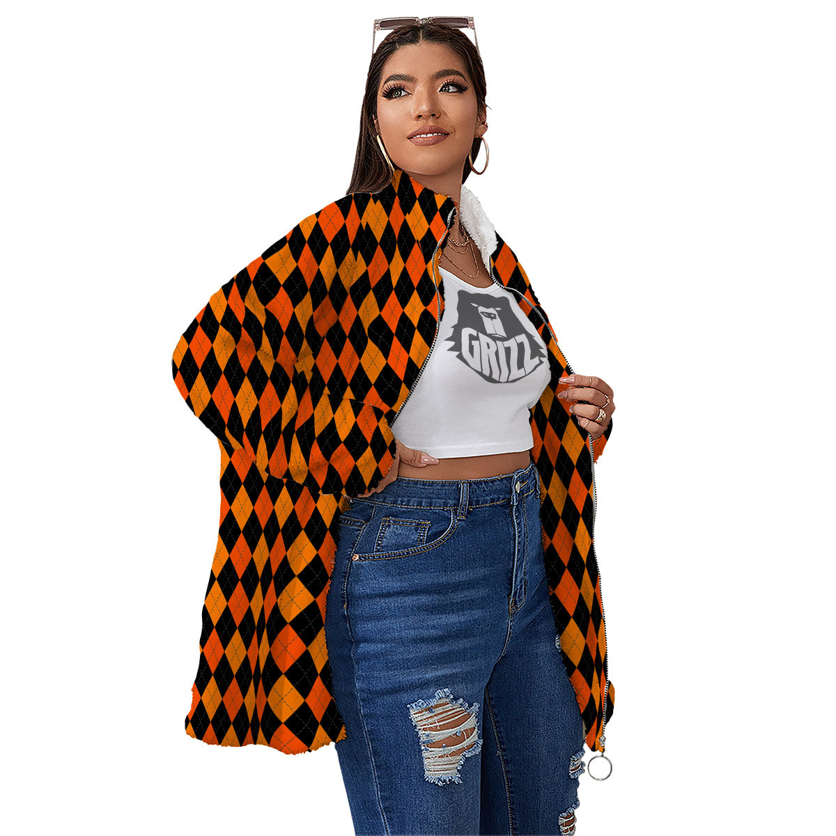 Black Halloween And Orange Argyle Print Women's Sherpa Jacket-grizzshop