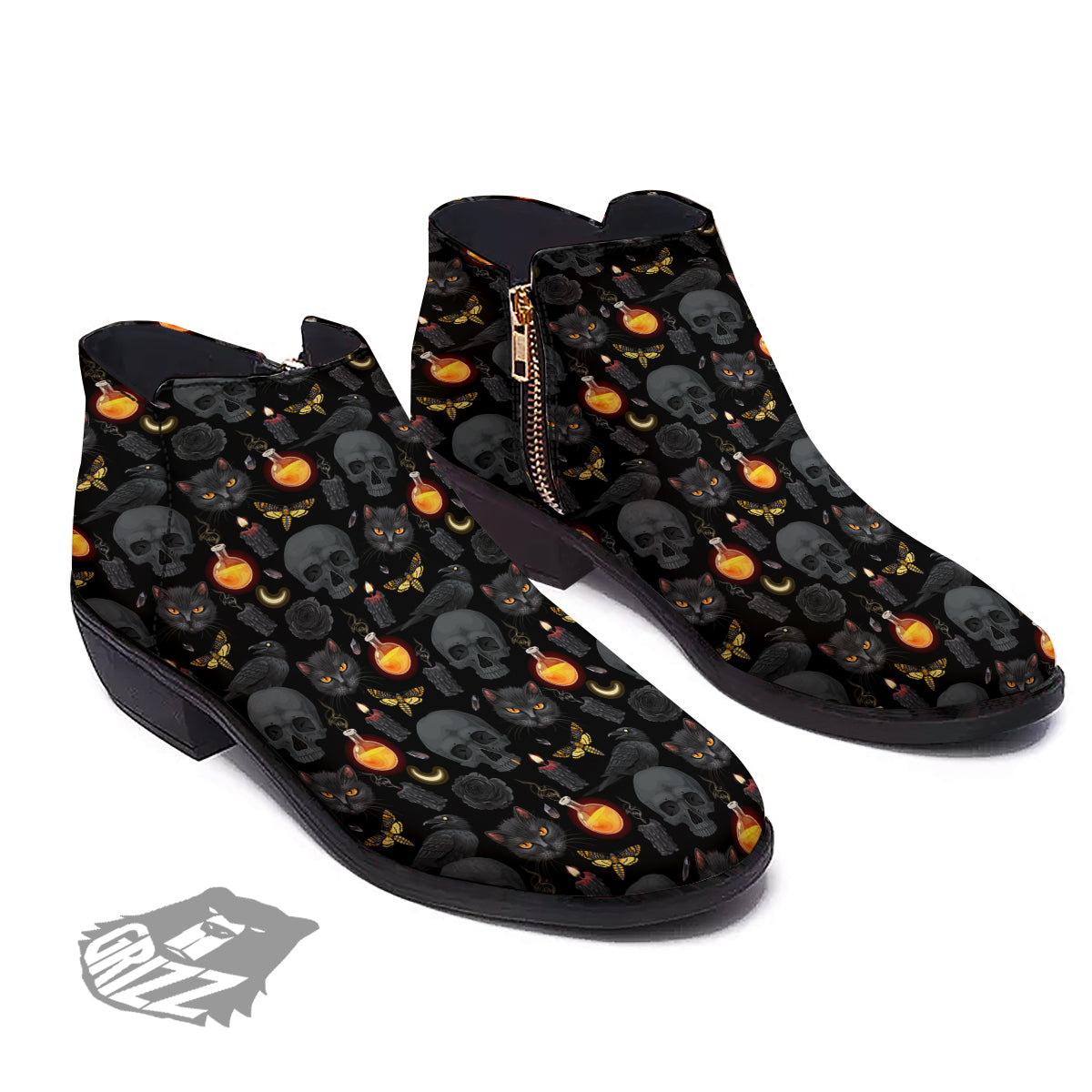 Black Head Cat Raven And Skull Print Pattern Ankle Boots-grizzshop