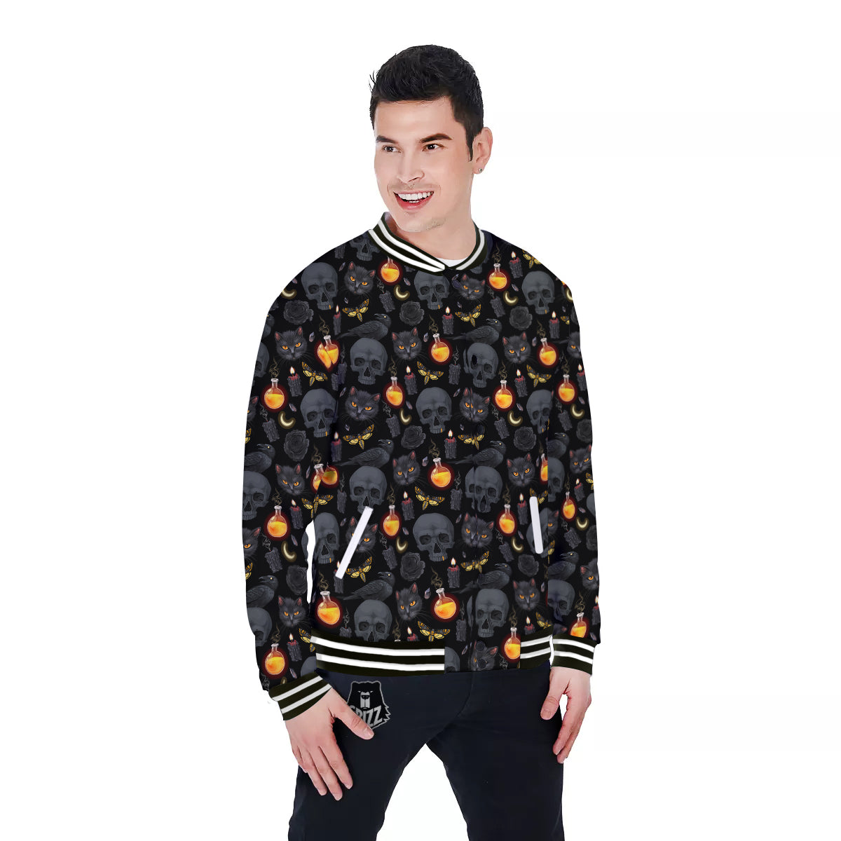 Black Head Cat Raven And Skull Print Pattern Baseball Jacket-grizzshop