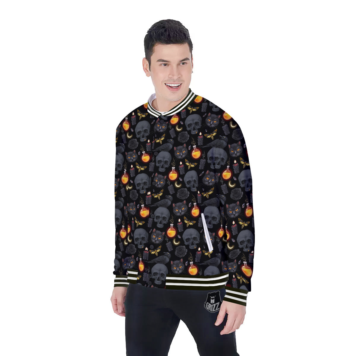 Black Head Cat Raven And Skull Print Pattern Baseball Jacket-grizzshop