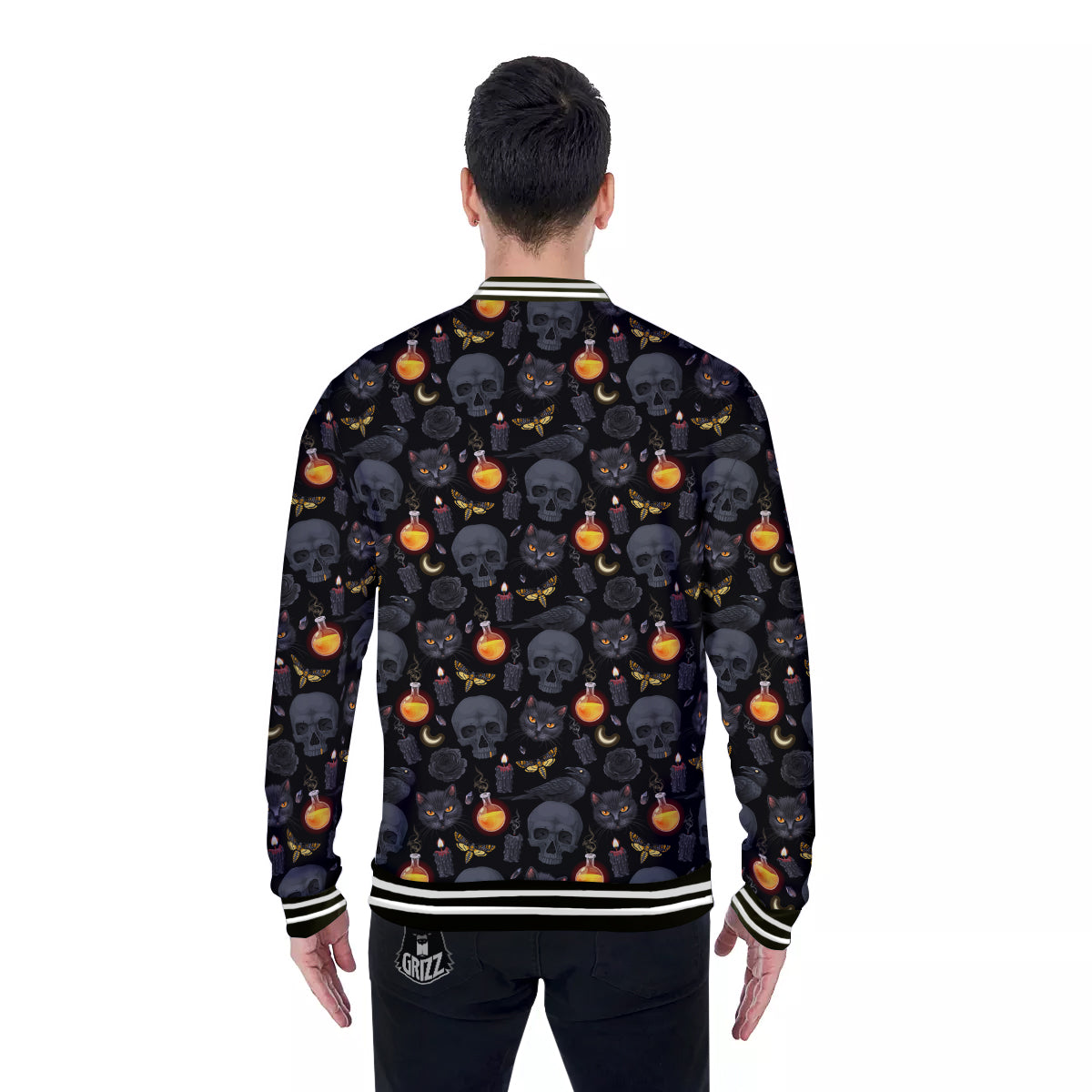 Black Head Cat Raven And Skull Print Pattern Baseball Jacket-grizzshop