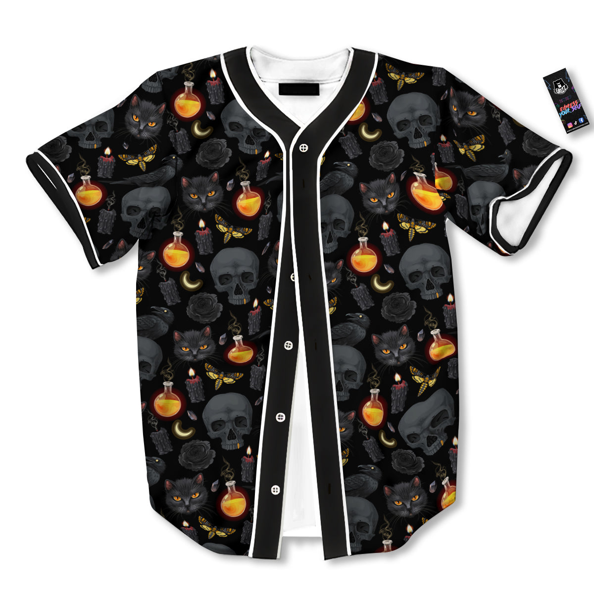 Black Head Cat Raven And Skull Print Pattern Baseball Jersey-grizzshop