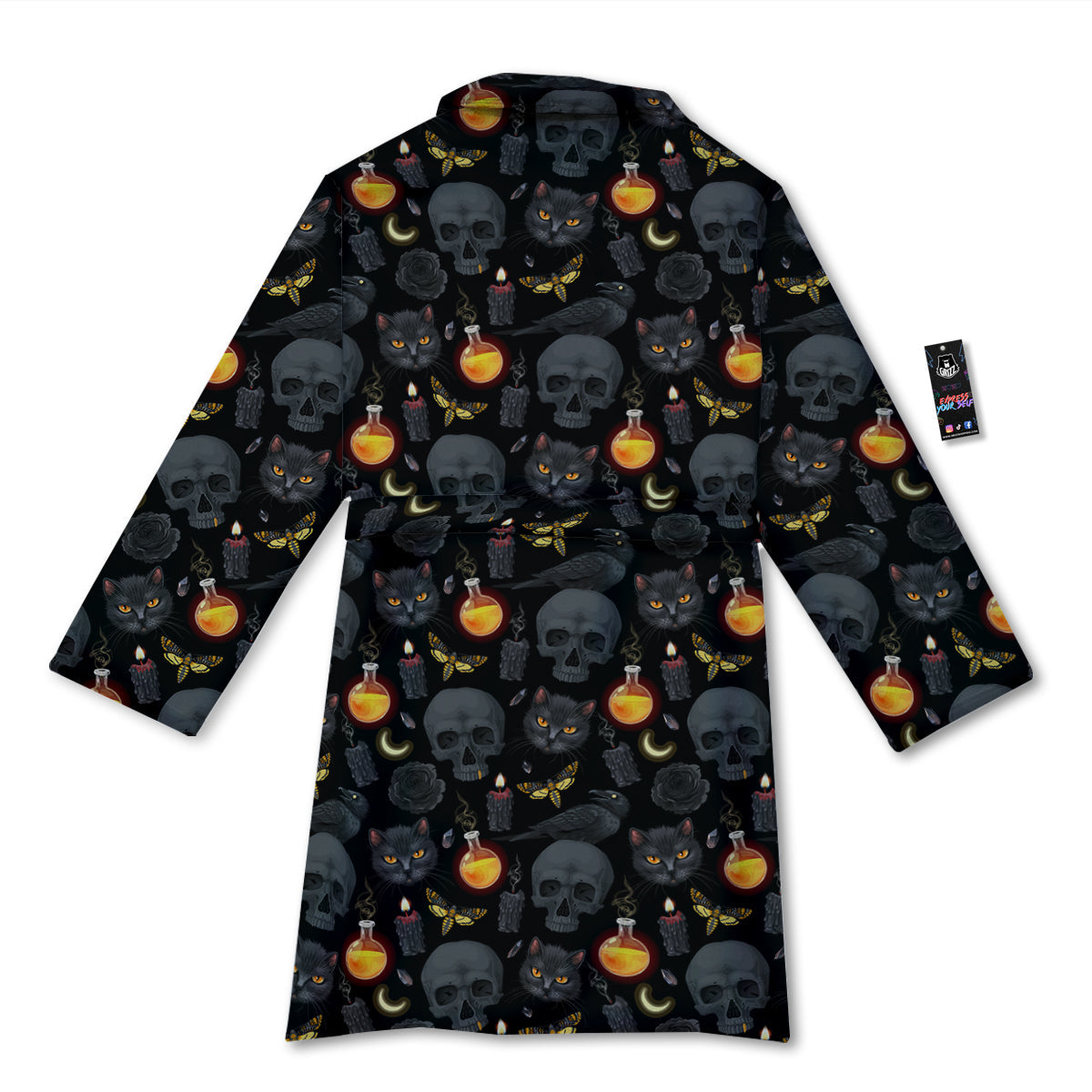 Black Head Cat Raven And Skull Print Pattern Bathrobe-grizzshop