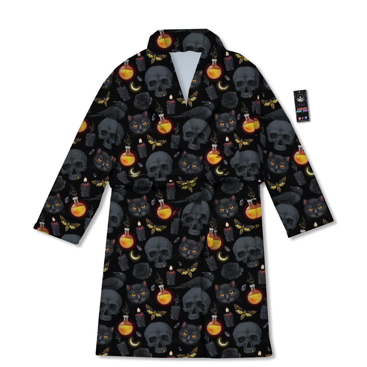 Black Head Cat Raven And Skull Print Pattern Bathrobe-grizzshop