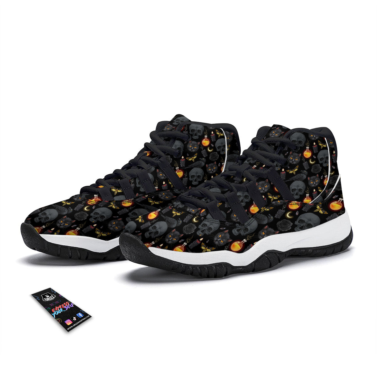 Black Head Cat Raven And Skull Print Pattern Black Bball Shoes-grizzshop