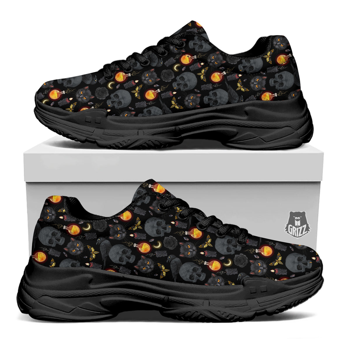 Black Head Cat Raven And Skull Print Pattern Black Chunky Shoes-grizzshop