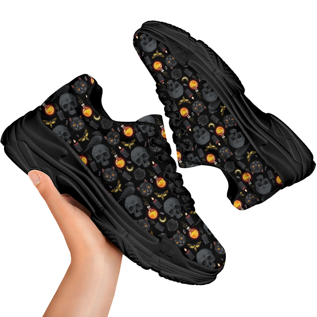 Black Head Cat Raven And Skull Print Pattern Black Chunky Shoes-grizzshop