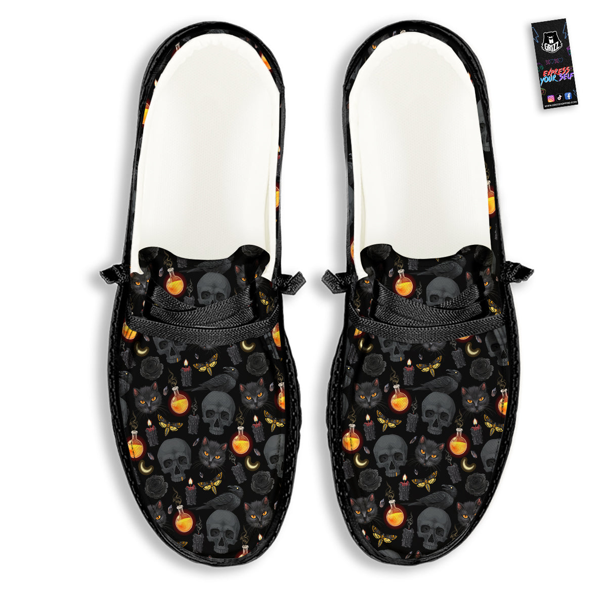 Black Head Cat Raven And Skull Print Pattern Black Loafers-grizzshop