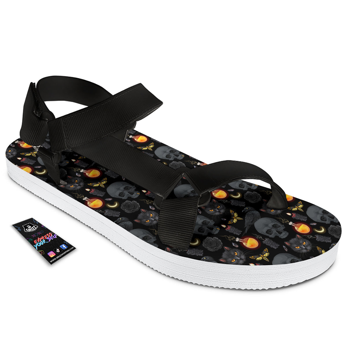 Black Head Cat Raven And Skull Print Pattern Black Open Toe Sandals-grizzshop