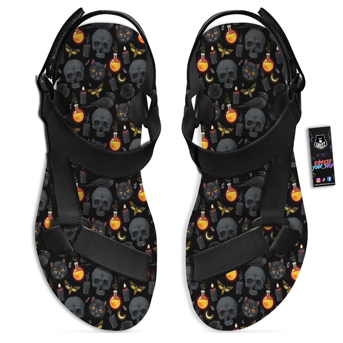Black Head Cat Raven And Skull Print Pattern Black Open Toe Sandals-grizzshop