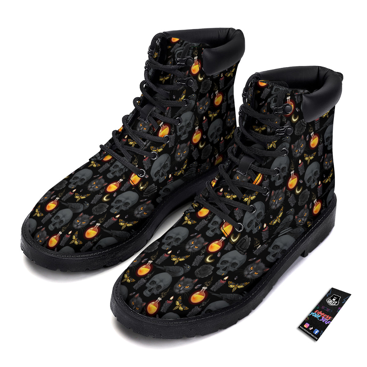 Black Head Cat Raven And Skull Print Pattern Boots-grizzshop