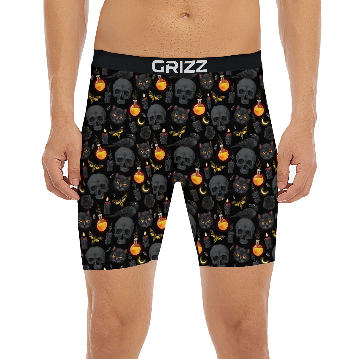 Black Head Cat Raven And Skull Print Pattern Boxer Briefs-grizzshop