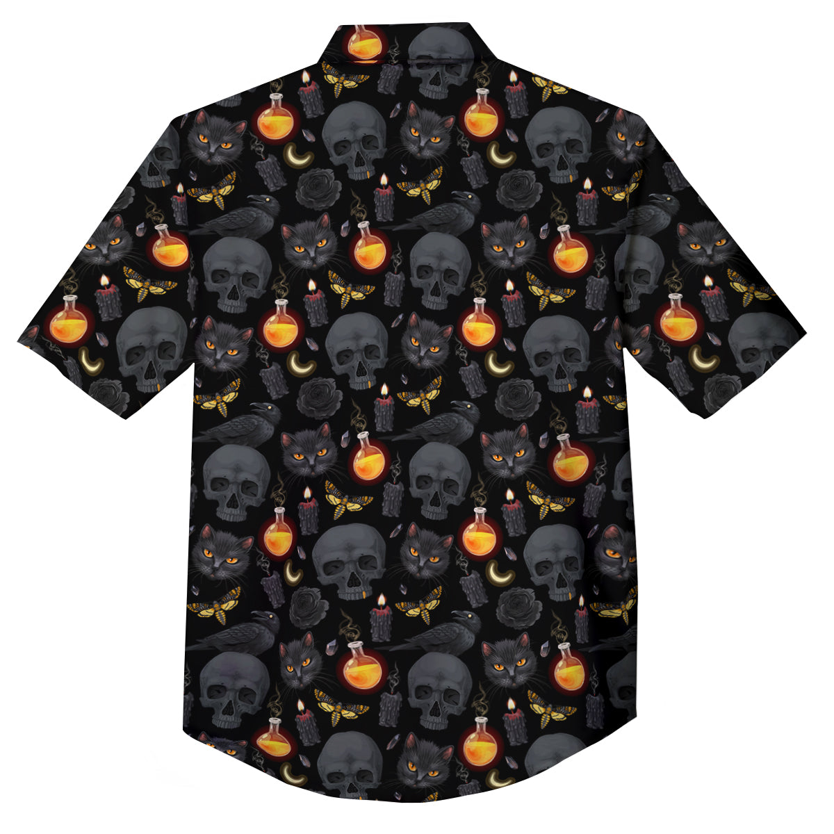 Black Head Cat Raven And Skull Print Pattern Button Up Shirt-grizzshop