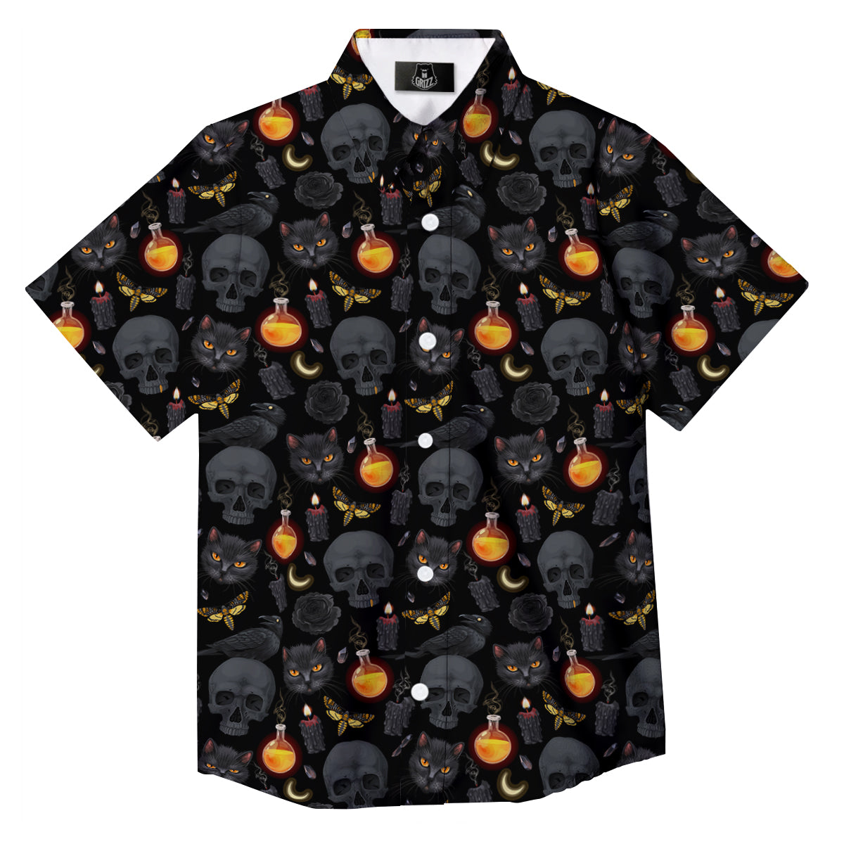 Black Head Cat Raven And Skull Print Pattern Button Up Shirt-grizzshop