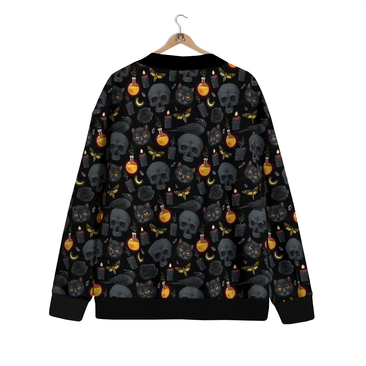 Black Head Cat Raven And Skull Print Pattern Cardigan-grizzshop