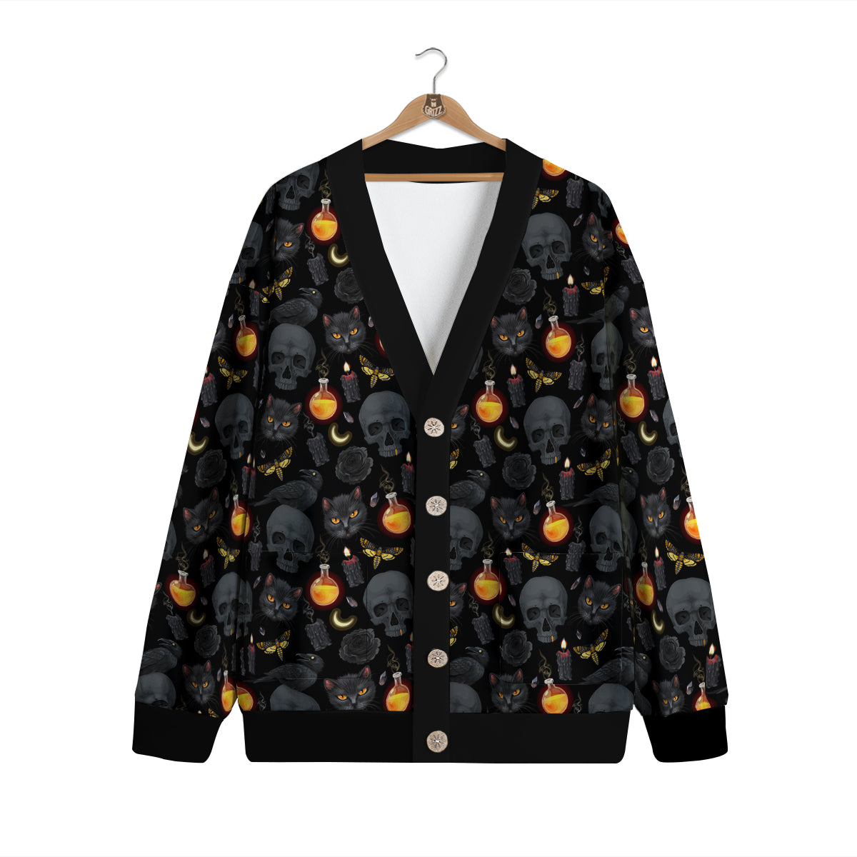 Black Head Cat Raven And Skull Print Pattern Cardigan-grizzshop