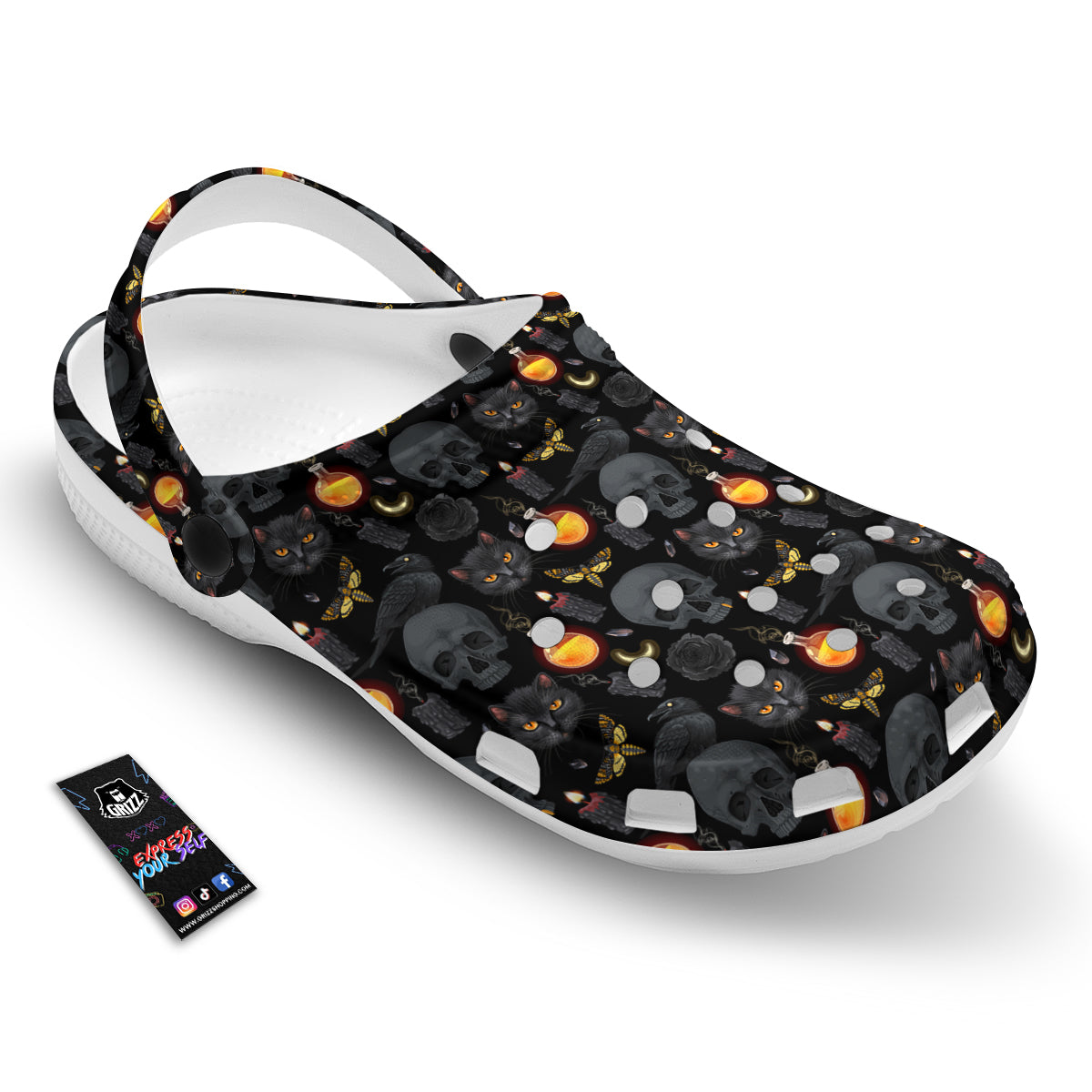 Black Head Cat Raven And Skull Print Pattern Clog-grizzshop