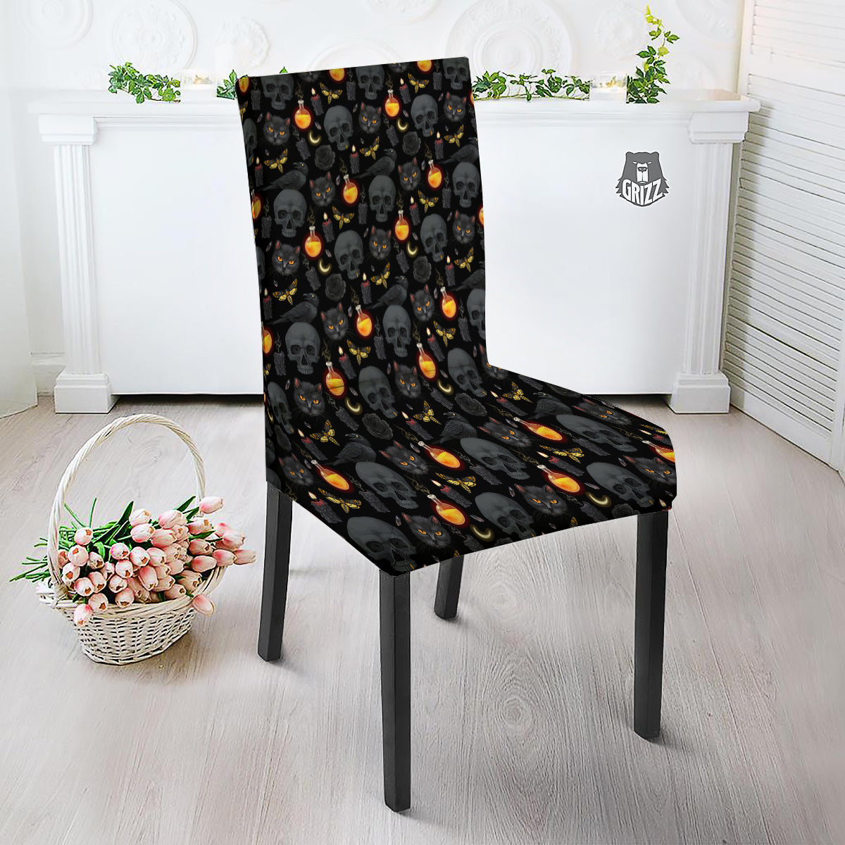 Black Head Cat Raven And Skull Print Pattern Dining Chair Slipcover-grizzshop
