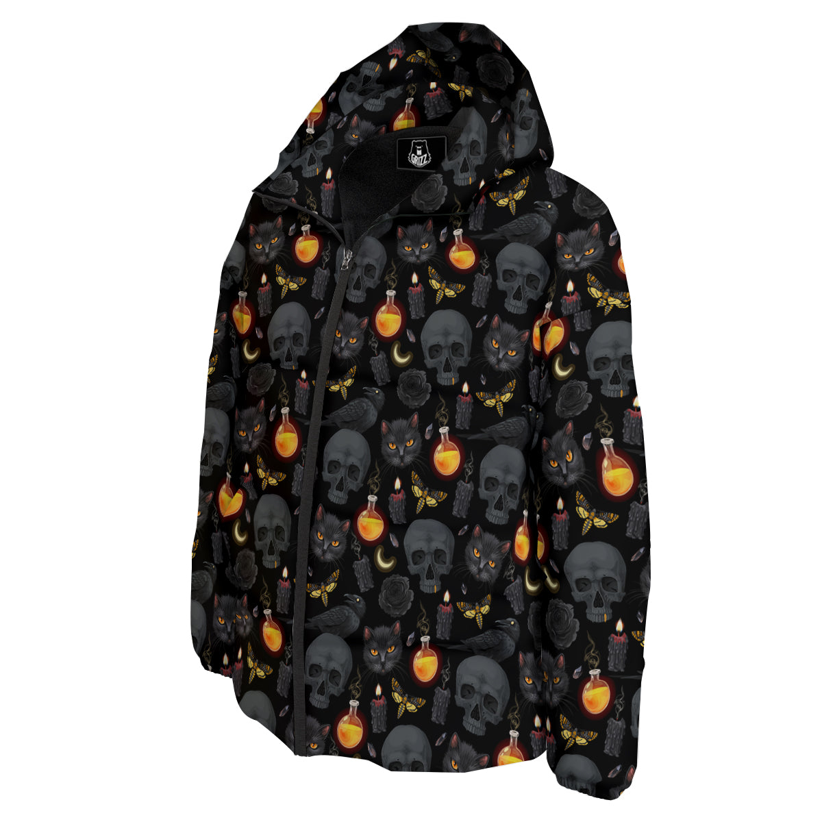 Black Head Cat Raven And Skull Print Pattern Down Jacket-grizzshop