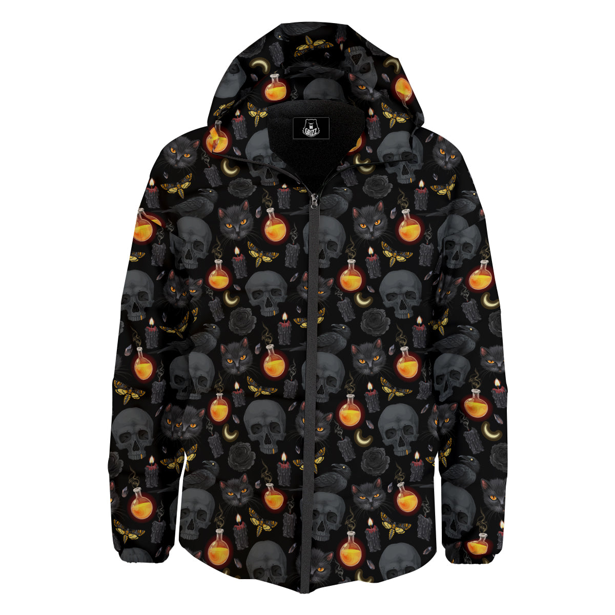 Black Head Cat Raven And Skull Print Pattern Down Jacket-grizzshop