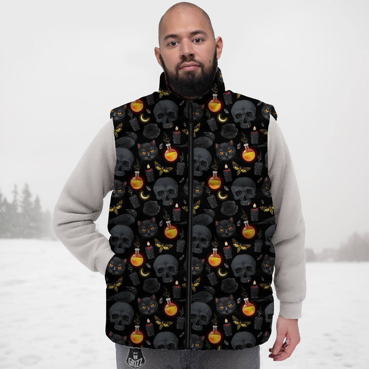 Black Head Cat Raven And Skull Print Pattern Down Vest