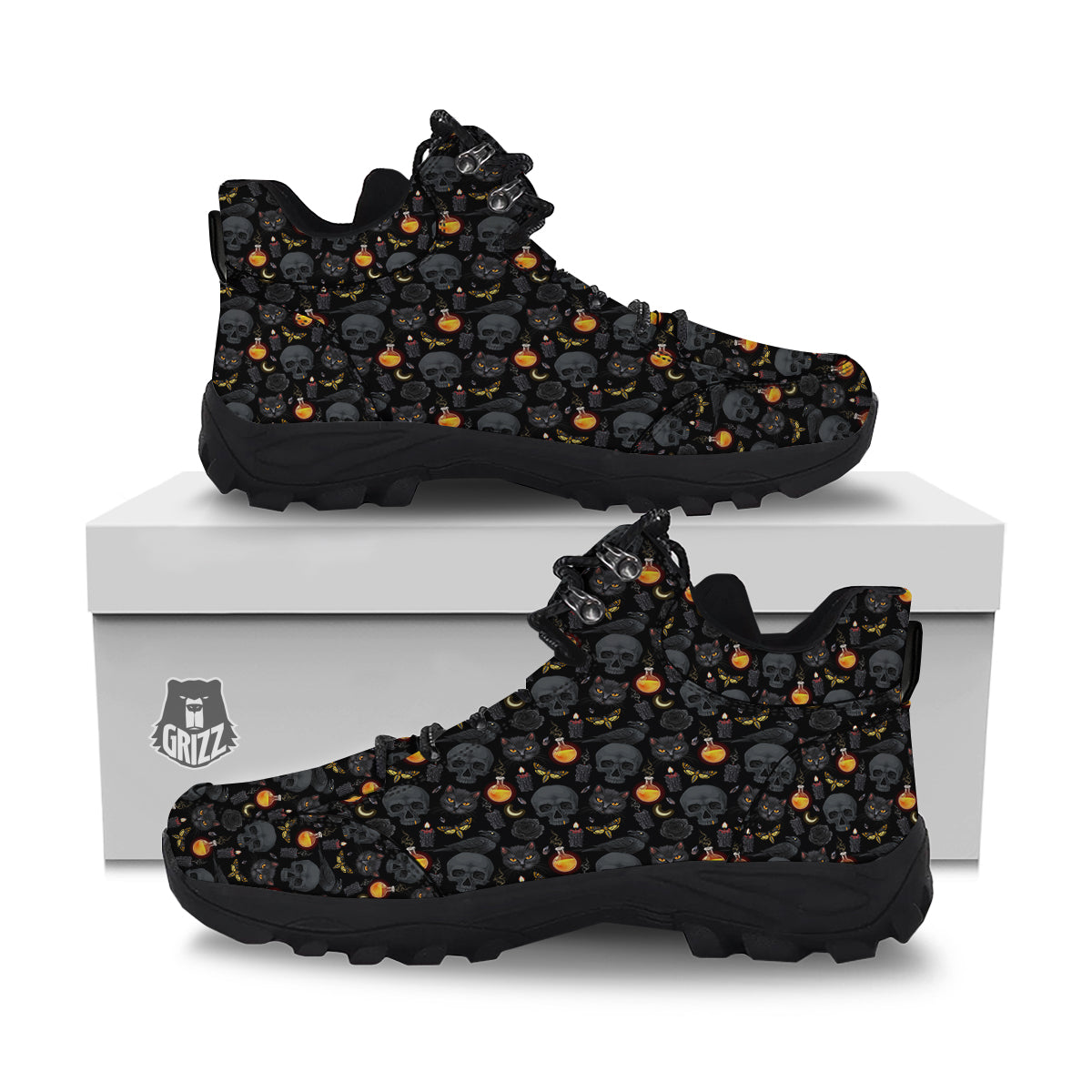 Black Head Cat Raven And Skull Print Pattern Hiking Shoes-grizzshop